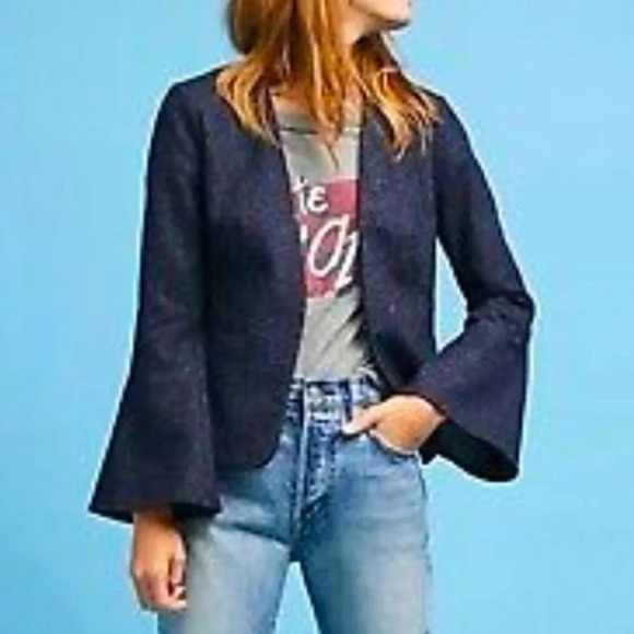 Anthropologie Cartonnier Wool Blend Bell Sleeve Navy Pinstripe Blazer - Picture 1 of 9